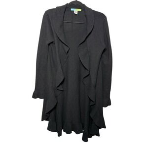 Beth Bowley Wool Blend Open Front‎ Black Cardigan Size Medium Ruffles Classic